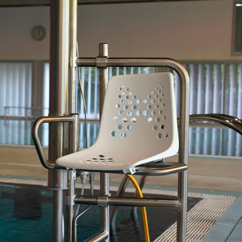 Swimming pool chair lift for the physically disabled. Detail of chair